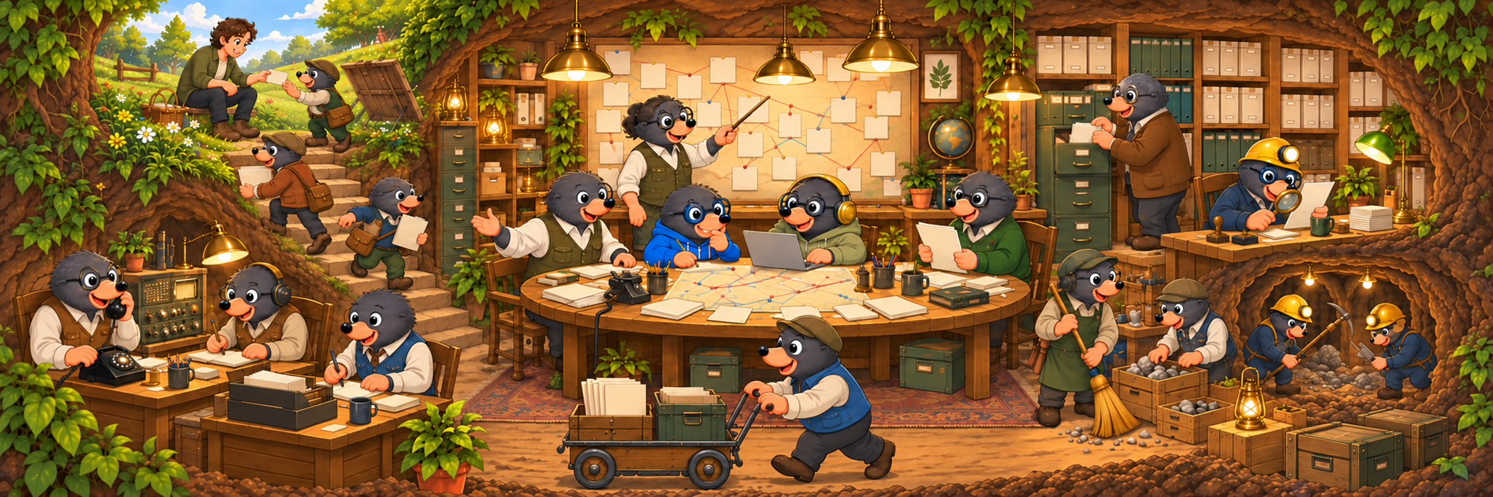 A warm underground office of mole colleagues, busy with a shared project